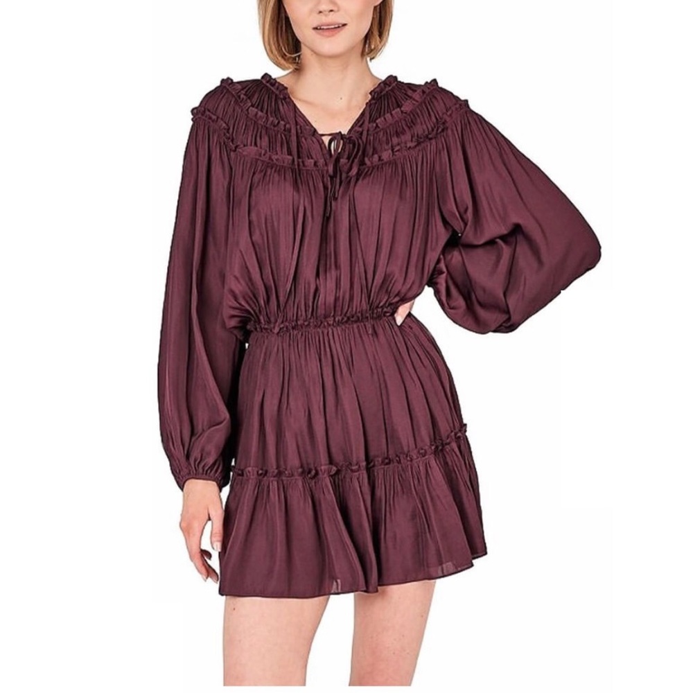 Satin elastic waist ruffle tiered mini dress